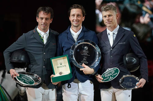 Harrie Smolders of Netherlands, Martin Fuchs of Switzerland and Max Kuhner of Austria during the CHI de Geneva - Rolex Grand Slam of Show Jumping on December 12, 2021 in Geneva, Switzerland. (Photo by Pierre Costabadie/Icon Sport)