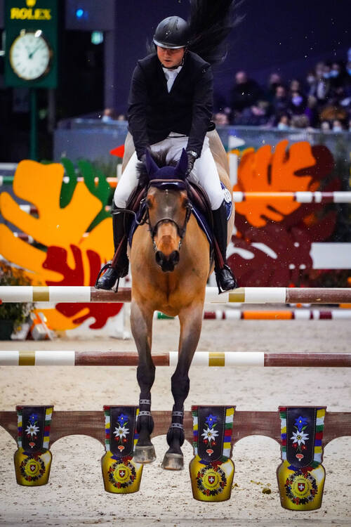 Christian Tardy of Switzerland riding Vic du Marais during the CHI de Geneva - Rolex Grand Slam of Show Jumping on December 11, 2021 in Geneva, Switzerland. (Photo by Pierre Costabadie/Icon Sport)