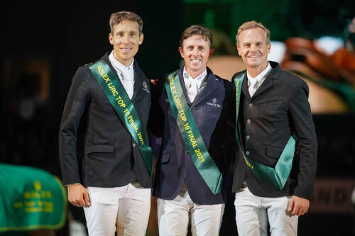 Henrik von Eckermann of Sweden Jerome Guery of Belgium and Jerome Guery of Belgium during the CHI de Geneva - Rolex Grand Slam of Show Jumping on December 10, 2021 in Geneva, Switzerland. (Photo by Pierre Costabadie/Icon Sport)
