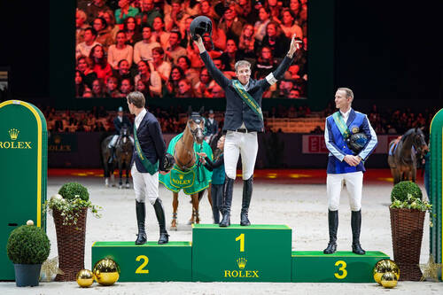 Simon Delestre (FRA) Henrik von Eckermann (SWE) and Peder Fredricson (SWE) during the day 3 of Rolex Grand Slam of Show Jumping on December 9, 2022 in Geneva, Switzerland. (Photo by Pierre Costabadie/Icon Sport)