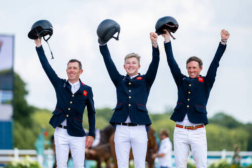 Paris 2024 Olympic GamesShow Jumping Team Gold MedalistsL-R: Scott Brash, Harry Charles and Ben Maherl at the Chateau de Versailles for the Paris 2024 Olympic Games.Photo Credit: FEI/Benjamin Clark